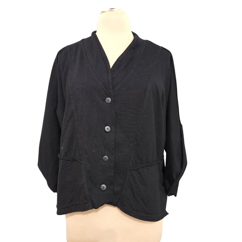 Cynthia Ashby Womens Top Black 100% Cotton Pockets Oversized Large Button Front